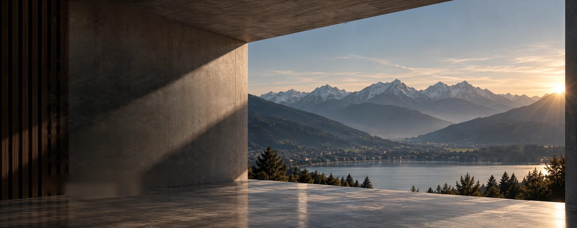 Betonarchitektur mit Blick auf Bergsee und Alpenpanorama