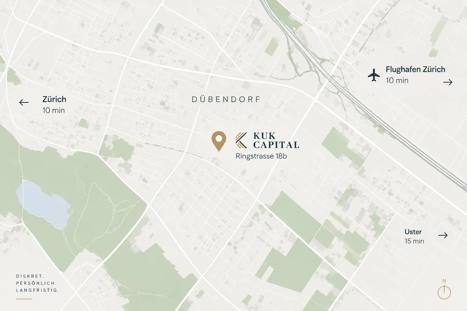 Karte: KUK Capital AG in Dübendorf, 10 Minuten von Zürich und vom Flughafen