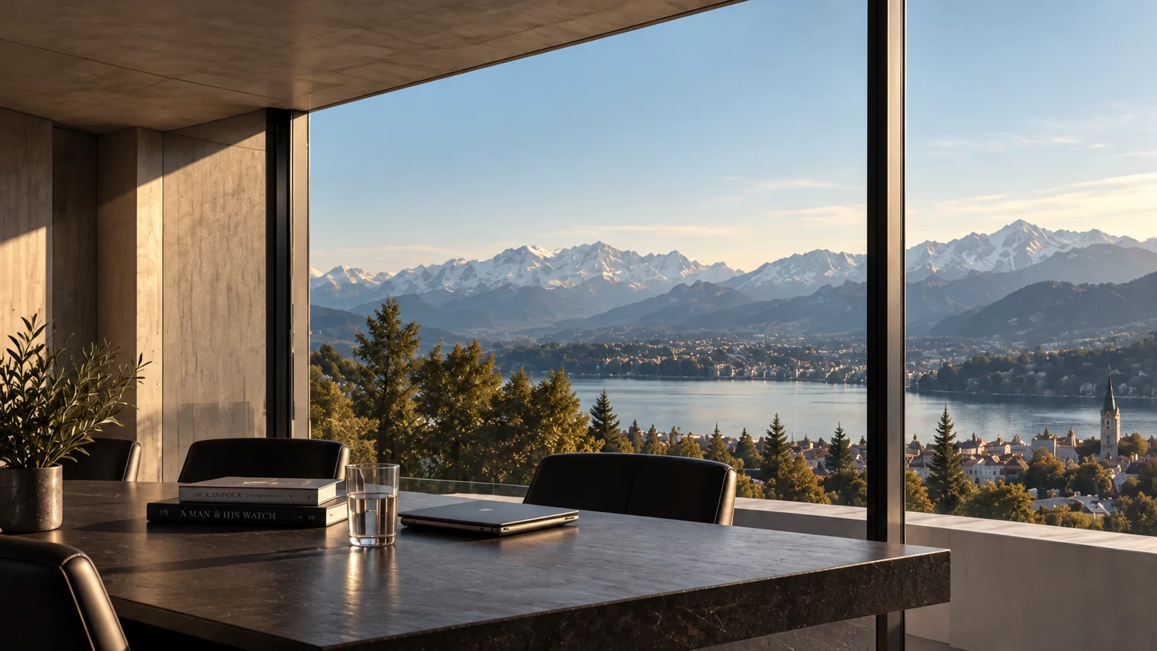 Besprechungsraum mit Blick auf den See und die Alpen