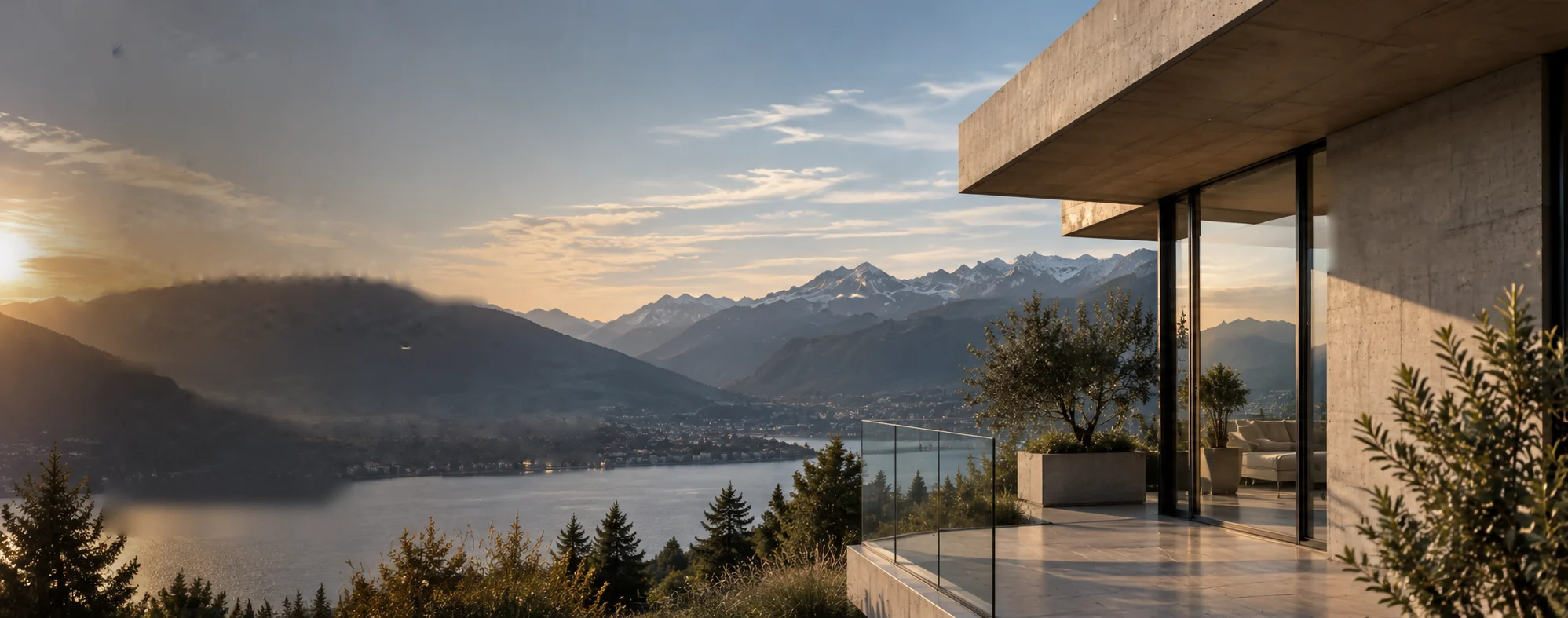Moderne Betonvilla mit Terrasse über dem See